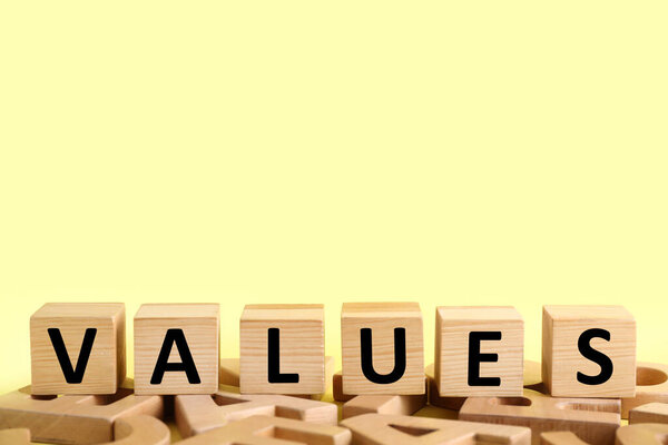 Cubes with word VALUES on wooden letters