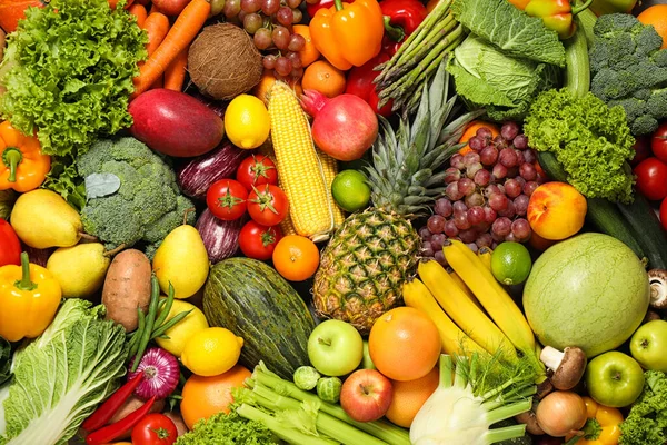 Assortiment Van Biologische Verse Groenten Fruit Als Achtergrond Close — Stockfoto