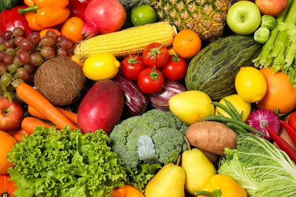 Surtido Frutas Verduras Frescas Ecológicas Como Fondo Primer Plano — Foto de Stock