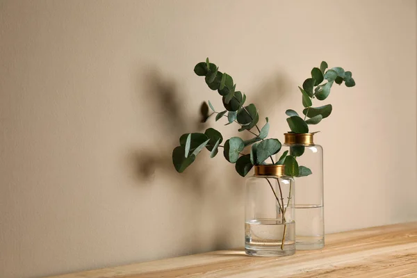 Cabang Eukaliptus Yang Indah Dalam Vas Kaca Atas Meja Kayu — Stok Foto