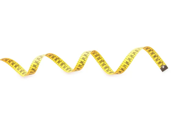 Fita Métrica Amarela Longa Isolada Vista Superior Branca — Fotografia de Stock