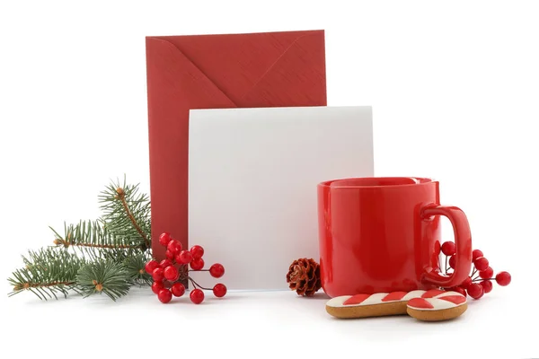 白色背景的空白贺卡和圣诞装饰的构图 文字空间 — 图库照片