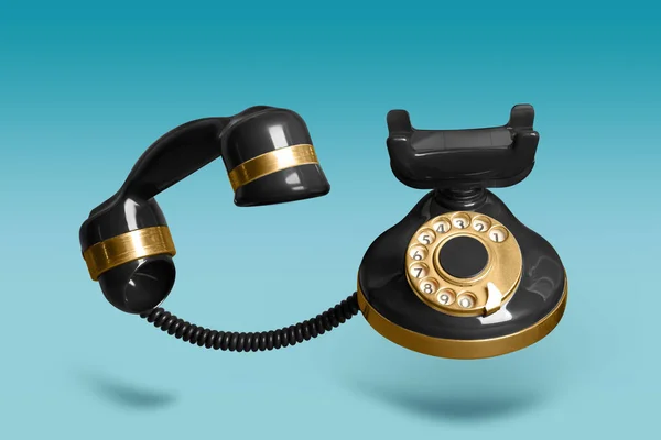 Vintage Μαύρο Corded Τηλέφωνο Που Φέρουν Στον Αέρα Γαλάζιο Φόντο — Φωτογραφία Αρχείου