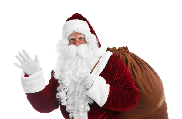 Weihnachtsmann Mit Sack Auf Weißem Hintergrund — Stockfoto