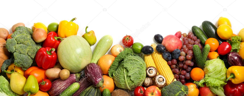 Assortment of fresh organic fruits and vegetables on white background, top view
