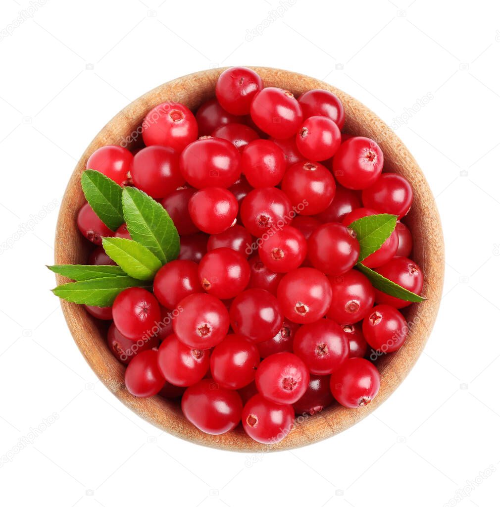 Fresh ripe cranberries with leaves in bowl isolated on white, top view