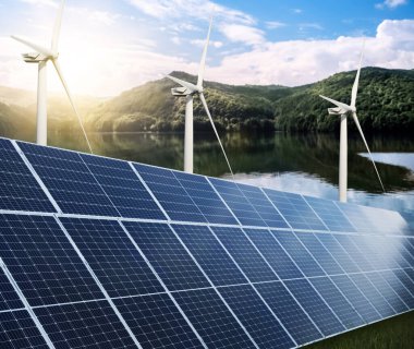 Alternatif enerji kaynakları. Güneş panelleri olan rüzgar türbinleri kıyıya yakın sulara yerleştirildi