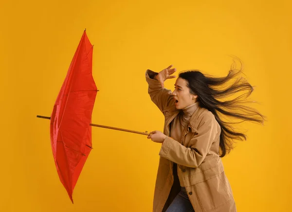 Känslomässig Kvinna Med Paraply Fångas Vindpust Gul Bakgrund — Stockfoto