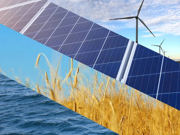 Collage Met Foto Van Water Veld Zonnepanelen Windturbines Alternatieve Energiebron — Stockfoto