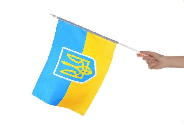 Vrouw Met Nationale Vlag Van Oekraïne Witte Achtergrond Close — Stockfoto