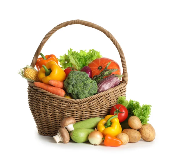 Wicker Basket Fresh Vegetables White Background — Stock Photo, Image