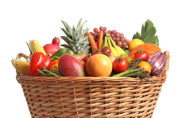 Basket Assortment Fresh Organic Fruits Vegetables White Background Closeup — Stock Photo, Image