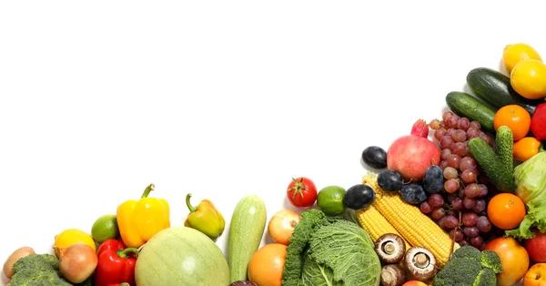Assortiment Fruits Légumes Frais Biologiques Sur Fond Blanc Vue Dessus — Photo