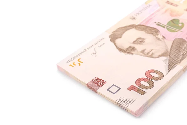 100 Billetes Ucranianos Hryvnia Sobre Fondo Blanco —  Fotos de Stock