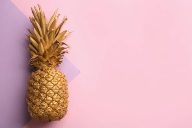 Renkli arka planda altın ananas, metin için yeri olan üst görünüm. Yaratıcı kavram