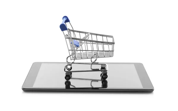 Nternet Alışverişi Beyaz Arka Planda Küçük Arabası Modern Tablet — Stok fotoğraf