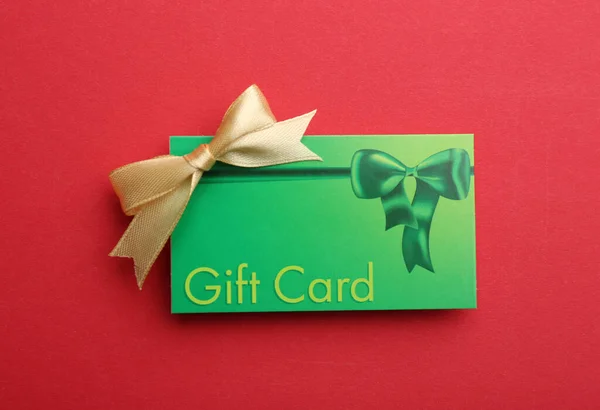 Gift Card Bow Red Background Top View — Stock Photo, Image