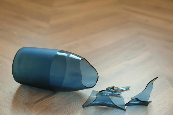 Broken Blue Glass Vase Wooden Floor Closeup — Stock Photo, Image