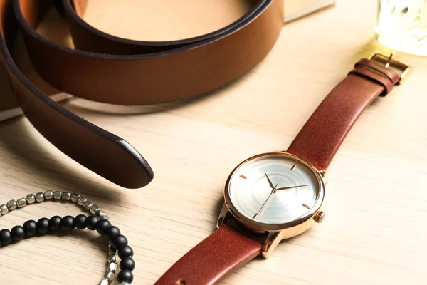 Luxury Wrist Watch Belt Bracelets Wooden Background Closeup — Stock Photo, Image