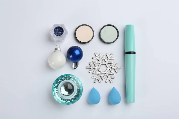 Flat Lay Composition Decorative Cosmetic Products Light Background Winter Care — Stock Photo, Image