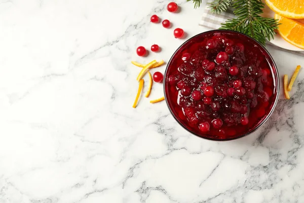 Flat Lay Composition Cranberry Sauce White Marble Table Space Text — Stock Photo, Image