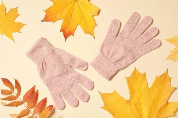 Stylische Rosa Wollhandschuhe Und Trockene Blätter Auf Beigem Hintergrund Flache — Stockfoto