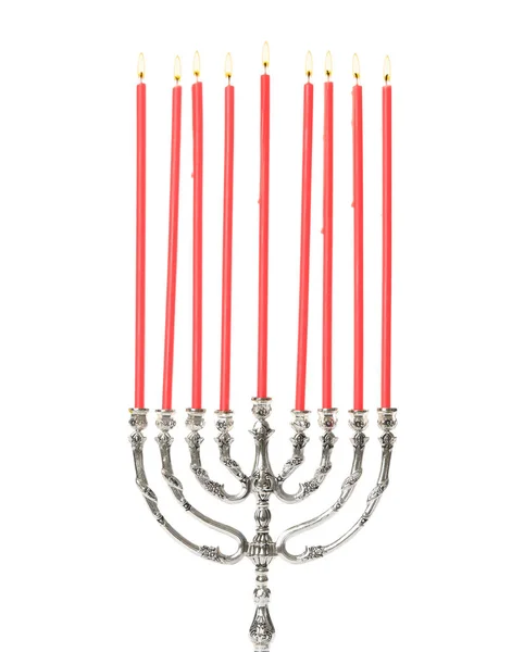 Silver Menorah Med Brinnande Ljus Vit Bakgrund Hanukkah Firande — Stockfoto
