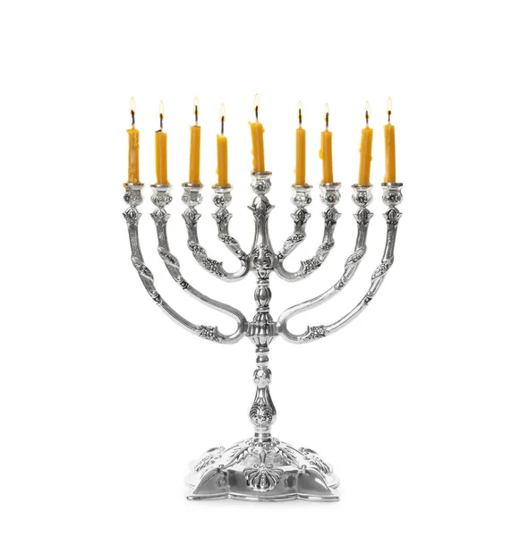 Sølv Menorah Med Brændende Stearinlys Hvid Baggrund Hanukkah Fejring - Stock-foto