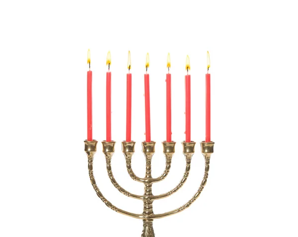 Golden Menorah Burning Candles White Background — Stock Photo, Image