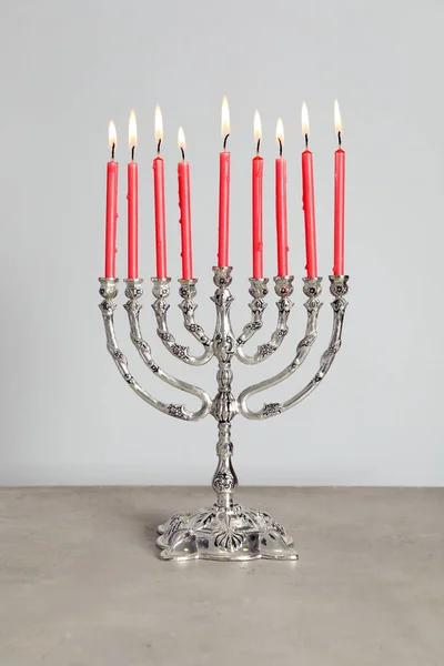 Silver Menorah Burning Candles Table Light Grey Background Hanukkah Celebration — Stock Photo, Image