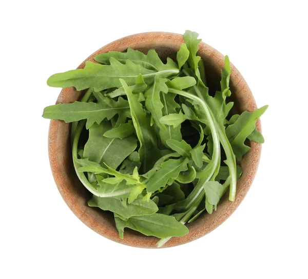 Delicious Fresh Arugula Wooden Bowl Isolated White Top View — Stock Photo, Image