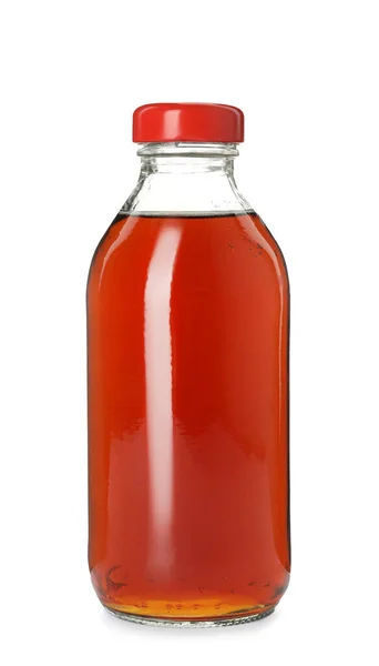 Glasflasche Mit Köstlichem Kvass Isoliert Auf Weiß Erfrischendes Getränk — Stockfoto