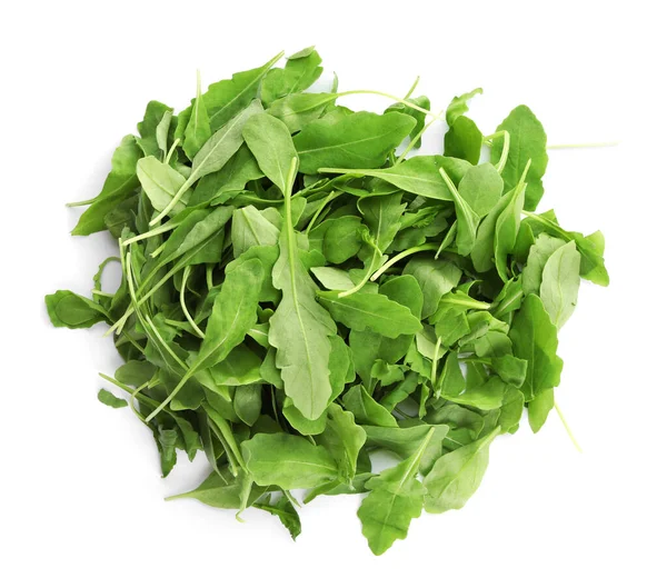 Färsk Ruccola Vit Bakgrund Ovanifrån — Stockfoto