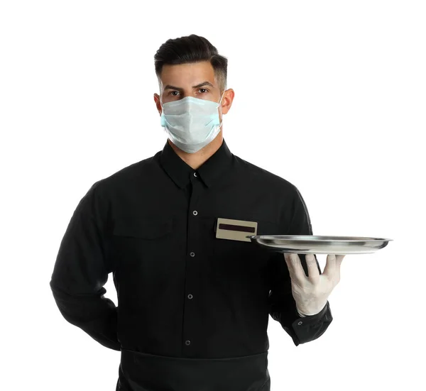 白い背景にトレイを保持する医療面マスクのウェイター — ストック写真
