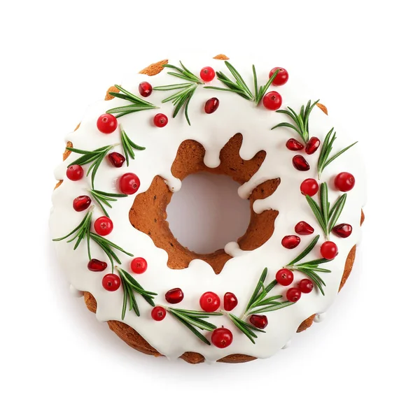 Traditioneller Weihnachtskuchen Mit Glasur Granatapfelkernen Preiselbeeren Und Rosmarin Auf Weiß — Stockfoto