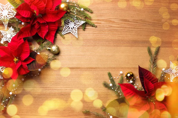 Flache Liegekomposition Mit Traditionellen Weihnachtssternen Und Platz Für Text Auf — Stockfoto