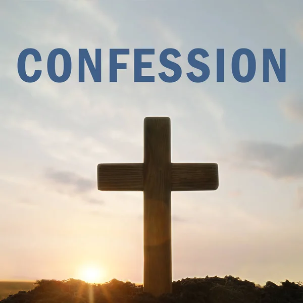 Parole Confession Près Silhouette Croix Chrétienne Extérieur Lever Soleil — Photo