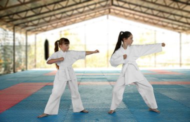Kimonolu çocuklar dışarıda Tatami 'de karate yapıyorlar.