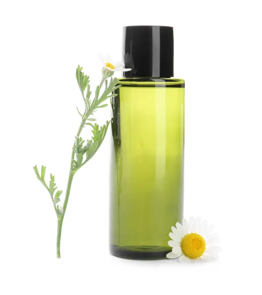 Kamomill Blommor Och Flaska Kosmetisk Produkt Vit Bakgrund — Stockfoto