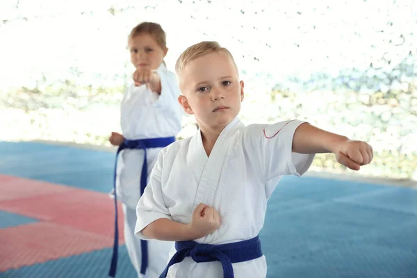 Bambini Kimono Praticare Karate Tatami All Aperto — Foto Stock