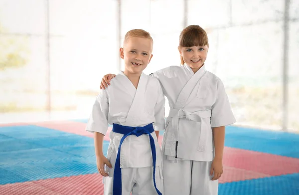 Dışarıda Tatami Karate Antrenmanı Yaparken Kimonolu Çocuklar — Stok fotoğraf