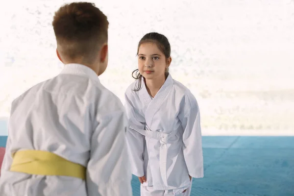 Kinder Kimono Bei Der Rituellen Verbeugung Vor Karate Übungen Auf — Stockfoto