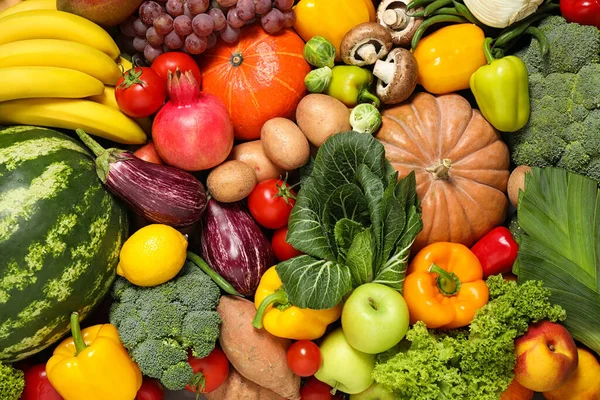 Surtido Frutas Verduras Frescas Ecológicas Como Fondo Primer Plano — Foto de Stock