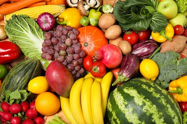 Surtido Frutas Verduras Frescas Ecológicas Como Fondo Primer Plano — Foto de Stock