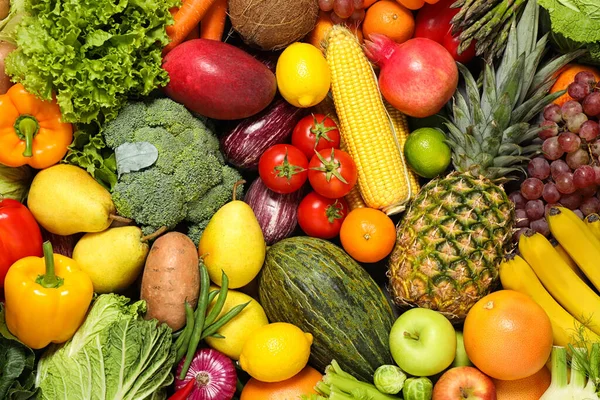 Surtido Frutas Verduras Frescas Ecológicas Como Fondo Primer Plano —  Fotos de Stock