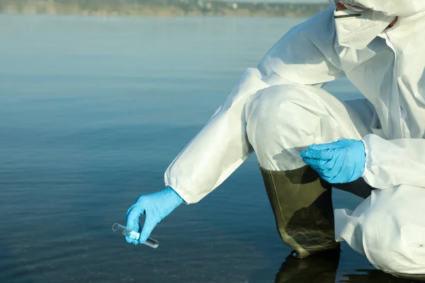 Scientist Chemical Protective Suit Test Tube Taking Sample River Analysis — Stock Photo, Image