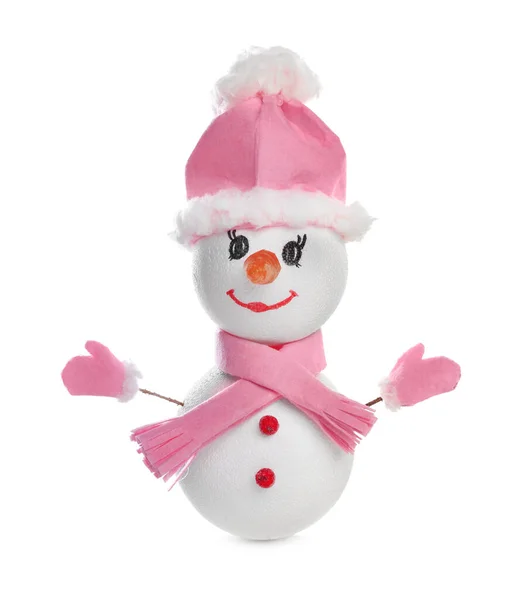 Pupazzo Neve Decorativo Con Cappello Rosa Sciarpa Guanti Isolati Bianco — Foto Stock