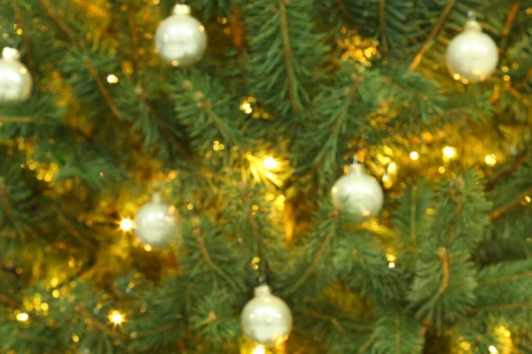 Wazig Zicht Gloeiende Sprookjes Mooie Kerstballen Kerstboom — Stockfoto