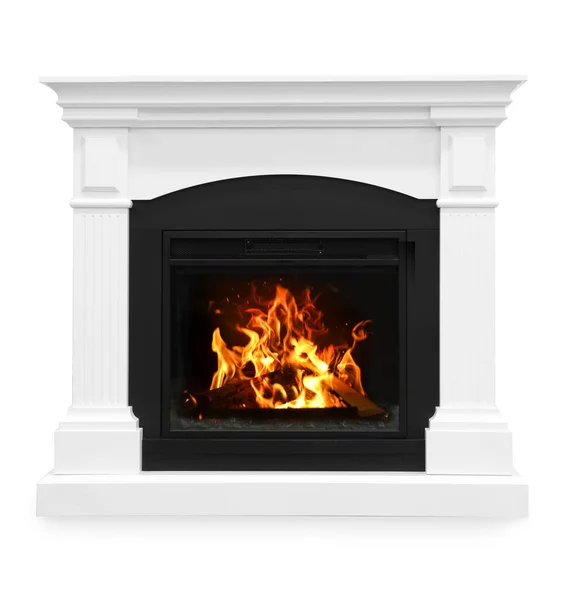 Decorative Burning Fireplace Isolated White Interior Design — Stock Photo, Image