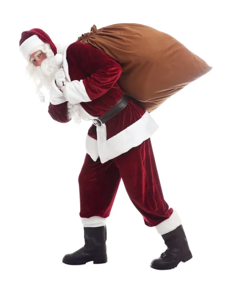 Père Noël Avec Sac Marchant Sur Fond Blanc — Photo